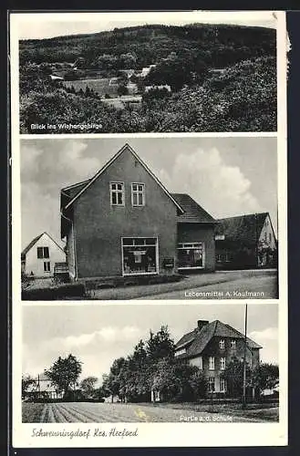 AK Schwenningdorf /Herford, Lebensmittel A. Kaufmann, Schule und Ortsansicht