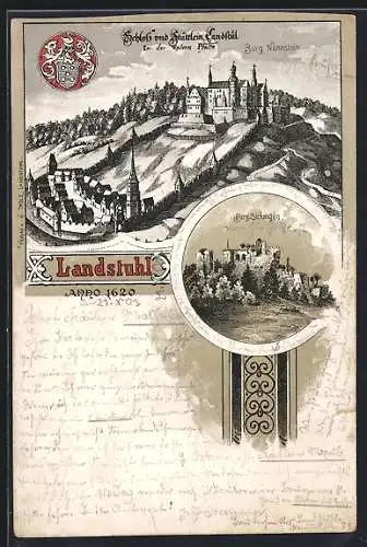 Lithographie Landstuhl, Burg Sickingen, Burg Nannstein, Wappen