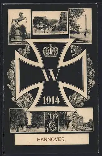 AK Hannover, Hauptpost, Sachsenross, Georgstrasse, Waterloosäule, Grosse Fontaine in Herrenhausen, Eisernes Kreuz