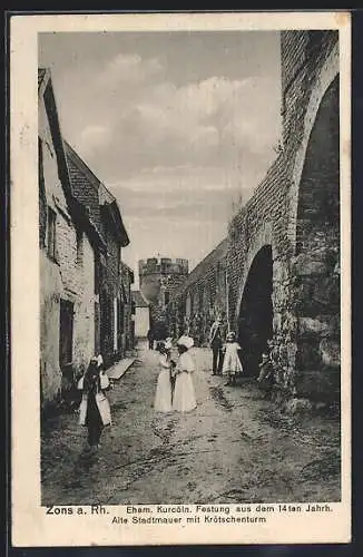 AK Zons a. Rh., Ehem. Kurcöln. Festung aus dem 14. Jahrhundert, alte Stadtmauer mit Krötschenturm