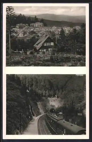 AK Oberhof / Thüringen, Panorama, Blick auf Bahnhof & Brandleite-Tunnel mit Eisenbahn