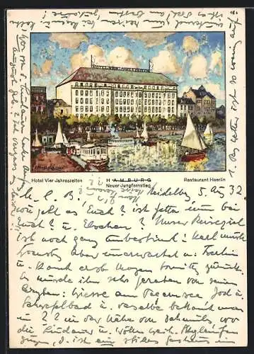 Künstler-AK Hamburg-Neustadt, Hotel Vierjahreszeiten am neuen Jungfernstieg, Restaurant Haerlin