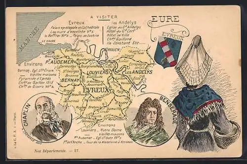 AK Evreux, Carte illustrée avec personnages historiques et carte du département Eure