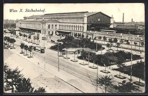 AK Wien, Strassenbahnen vor dem Südbahnhof