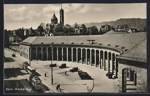 AK Zürich, Strassenbahn vor dem Bahnhof Enge