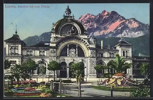 AK Luzern, Bahnhof mit dem Pilatus und Anlage