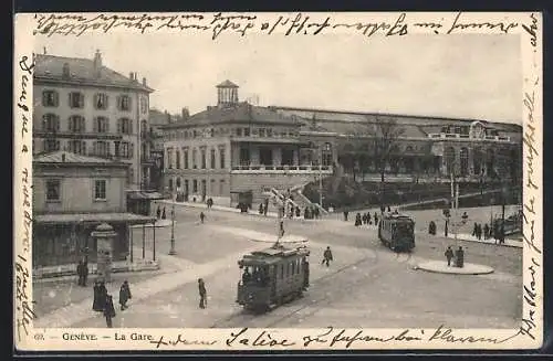 AK Geneve, Bahnhof, Strassenbahnen