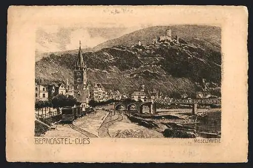 Lithographie Bernkastel-Kues, Teilansicht mit Blick zur Burg und Brücke