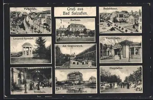 AK Bad Salzuflen, Parkstrasse, Badehäuser, Leute in der Trinkhalle, Hotel Fürstenhof, Hauptallee, Gradierwerk