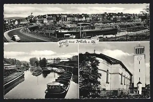 AK Irlich a. Rh., Kirche, Panorama und Partie am Fluss