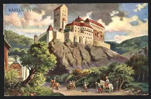 Künstler-AK Karluv Týn, Ritter vor der Burg