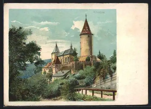 Lithographie Krivoklát, Blick auf die Burg