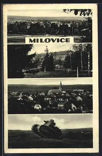 AK Milowitz / Milovice, Panorama, Schloss, leichter Panzer auf dem Gefechtsacker