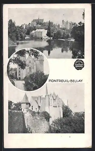 AK Montreuil-Bellay, Vues du château pittoresque et des rives paisibles de la rivière