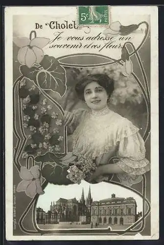 AK Cholet, Souvenir fleuri avec portrait d`une femme et vues de la ville