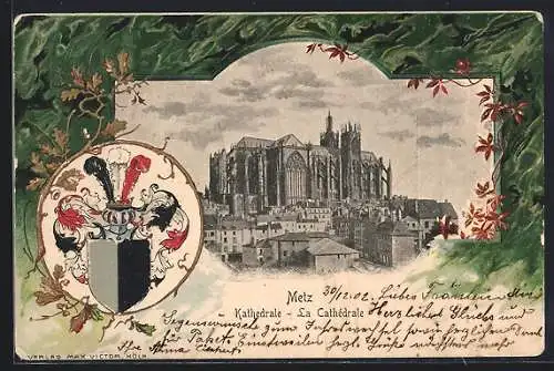 Passepartout-Lithographie Metz, Wappen und Kathedrale