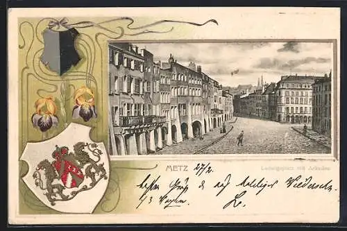 Passepartout-Lithographie Metz, Ludwigsplatz mit Arkaden, Wappen