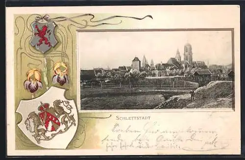 Passepartout-Lithographie Schlettstadt, Ortsansicht vom Feld aus, Wappen