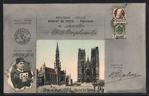 AK Bruxelles, Hotel de ville, Eglise Ste. Gudule, Briefträger mit Brief, Briefmarken