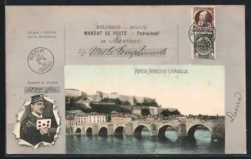 AK Namur, Pont de Jambes et Citadelle, Briefträger mit Brief, Briefmarken