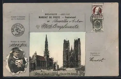 AK Bruxelles, Hotel de ville, Eglise Ste. Gudule, Briefträger mit Brief, Briefmarken