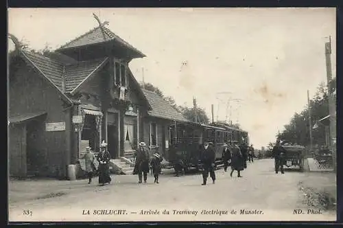 AK La Schlucht, Arrivée du Tramway électrique de Munster