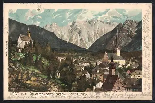 Künstler-Lithographie Zeno Diemer: Imst, Ortspanorama mit Kalvarienberg gegen Heiterwand