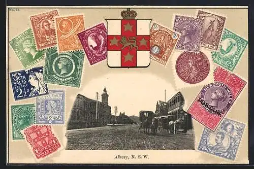 AK Albury /N. S. W., Strassenpartie mit einer Kutsche, Briefmarken-Passepartout mit Wappen