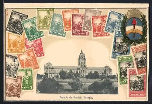 AK Rosario, Palacio de Justicia, Briefmarken und Wappen