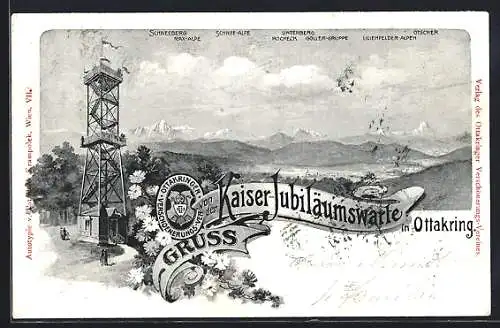 Lithographie Wien-Ottakring, Kaiser-Jubiläumswarte mit Gebirgspanorama