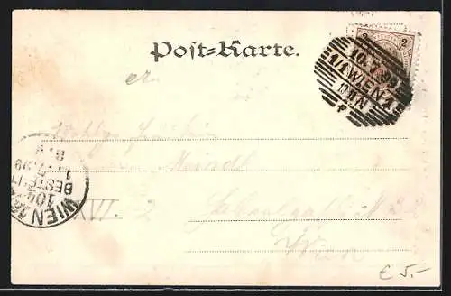 Lithographie Wien-Ottakring, Kaiser-Jubiläumswarte mit Gebirgspanorama