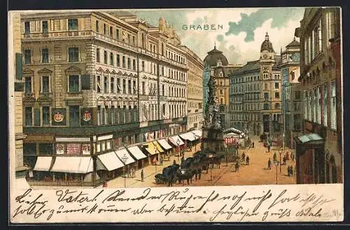 Lithographie Wien, Graben mit Geschäften, Pferdekutschen