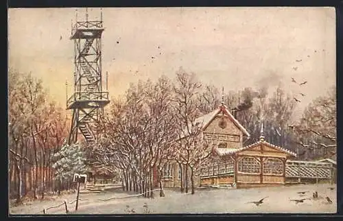 Künstler-AK Wien, Aussichtsturm und Restaurant auf der Vogeltennwiese im Winter