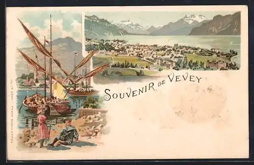 Lithographie Vevey, Kinder am Wasser und Panorama