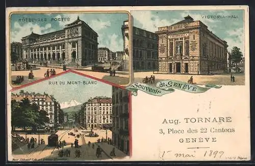 AK Geneve, Rue du Mont-Blanc, Hotel des Postes, Victoria-Hall um 1900