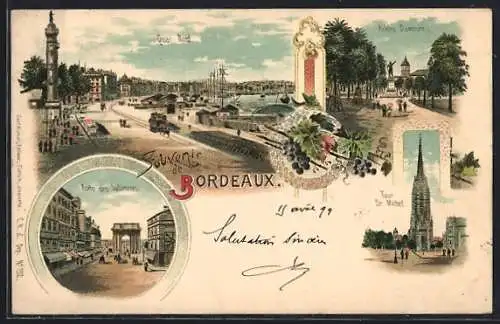 Lithographie Bordeaux, Quai Nord, Allées Damours, Porte des Salimeres, Tour St. Michel