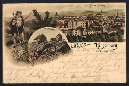 Lithographie Hirschberg im Riesengebirge, Ortsansicht, Schneekoppe, Rübezahl