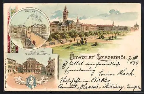 Lithographie Szeged, Közuti Hid, Klauzal-Tér az Europa Szállodavál, Ortspartie, Wappen