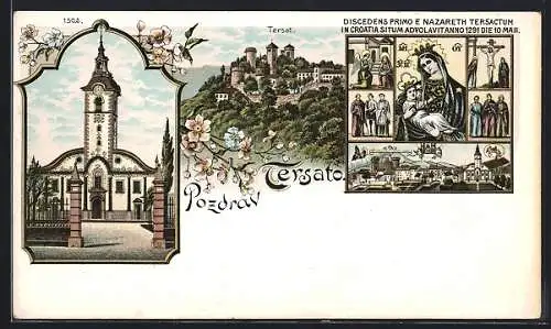 Lithographie Tersato, Kirche, Schloss, Maria mit dem Kinde