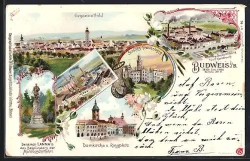 Lithographie Budweis / Ceske Budejovice, Bürgerliches Bräuhaus, Schloss Frauenberg