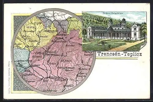 Lithographie Trencenteplic, Curhaus, Landkarte von Trencenteplic und Umgebung