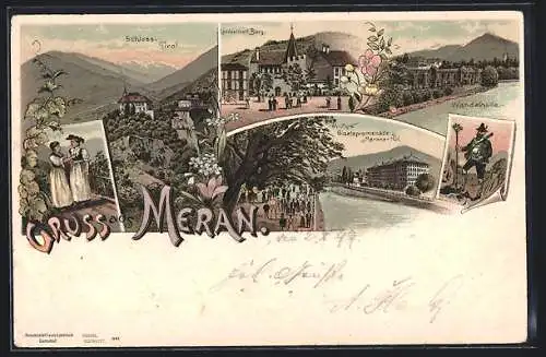 Lithographie Meran, Schloss Tirol, Landesfürstl. Burg, Wandelhalle, Giselapromenade mit Hotel Meraner Hof