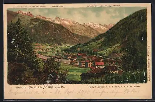 Künstler-AK F.A.C.M. Reisch: St. Anton, Blick über Bahnhof gegen Arlberg