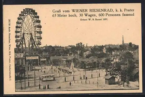 AK Wien, Wiener Riesenrad im k. k. Prater mit Strassenbahn