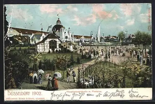 AK Düsseldorf, Ausstellung 1902, Hauptindustriehalle mit Fontaine, Besucher auf dem Ausstellungsgelände