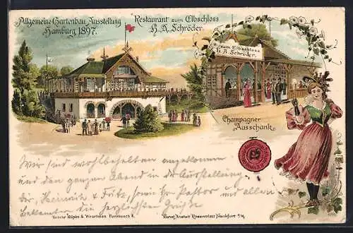 Lithographie Hamburg, Allgem. Gartenbau-Ausstellung 1897, Restaurant zum Elbschloss, Champagner Ausschank