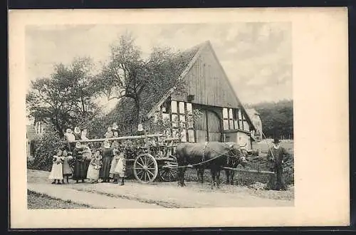 AK Bethel, Kinder mit Ochsenfuhrwerk vor einem Bauernhaus