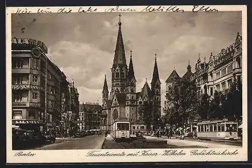 AK Berlin-Charlottenburg, Strassenbahn vor der Kaiser-Wilhelm-Gedächtniskirche