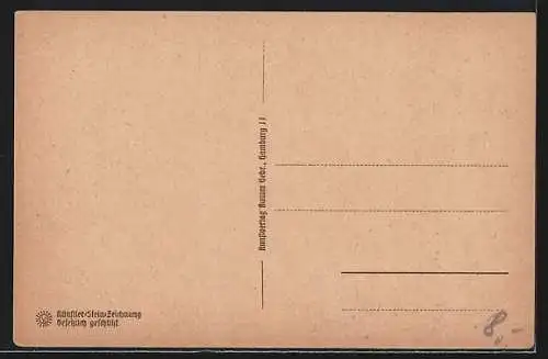 Steindruck-AK Niedersachsen, Bauernhaus mit Hühnern, Schweinen, Säge