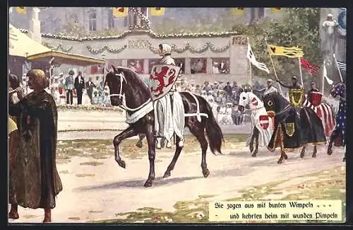 Künstler-AK Kaiser-Jubiläums-Huldigungs-Festzug Wien 1908, Gruppe I: König Rudolf v. Habsburg mit dem dt. Heerbann